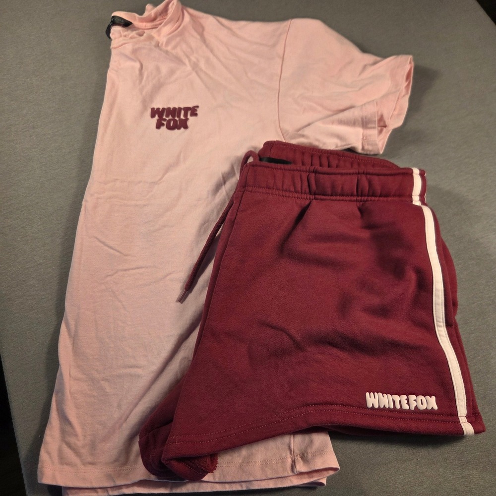 White Fox Pink Heart Graphic Tee and Burgundy Striped Lounge Shorts Set Large